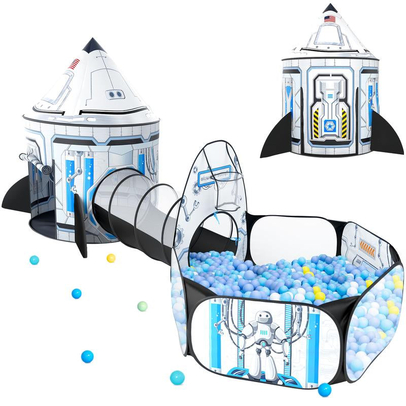 Sumbababy 3PC White Rocket Play Tent Set: Includes Ball Pit, Crawl Tunnel, Space World Playhouse - Indoor & Outdoor Fun Indoor Tent Pit Tunnel